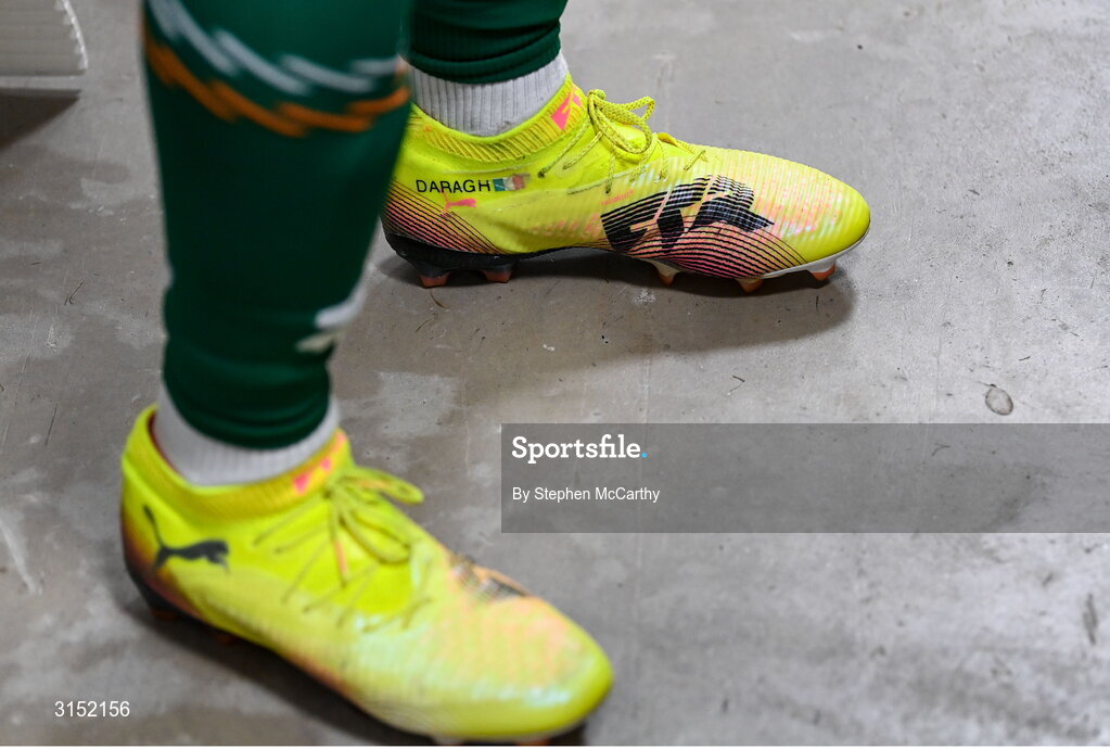 3 June 2025; Louise Quinn of Republic of Ireland, with her son's name on her boots on the occasion of her last international game, after the UEFA Women's Nations League, League B match between Republic of Ireland and Slovenia at Páirc Uí Chaoimh in Cork. Photo by Stephen McCarthy/Sportsfile
