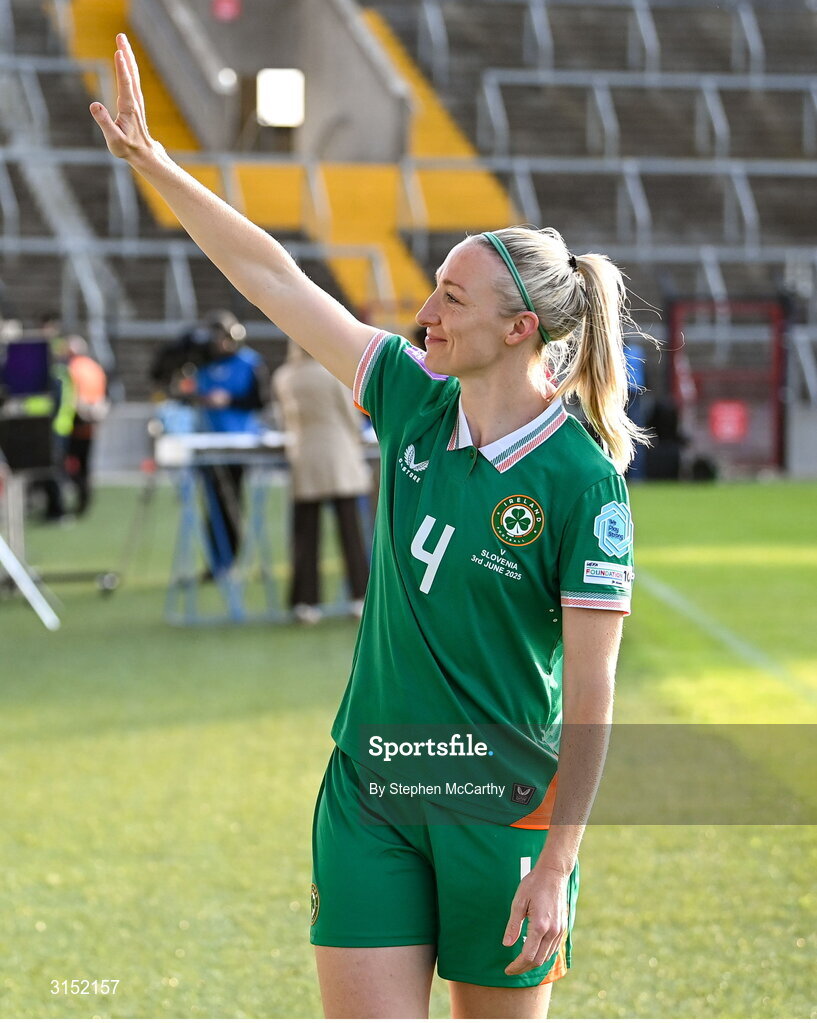 3 June 2025; Louise Quinn of Republic of Ireland, acknowledges the supporters on the occasion of her last international game, after the UEFA Women's Nations League, League B match between Republic of Ireland and Slovenia at Páirc Uí Chaoimh in Cork. Photo by Stephen McCarthy/Sportsfile
