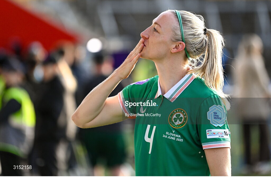 3 June 2025; Louise Quinn of Republic of Ireland, acknowledges the supporters on the occasion of her last international game, after the UEFA Women's Nations League, League B match between Republic of Ireland and Slovenia at Páirc Uí Chaoimh in Cork. Photo by Stephen McCarthy/Sportsfile