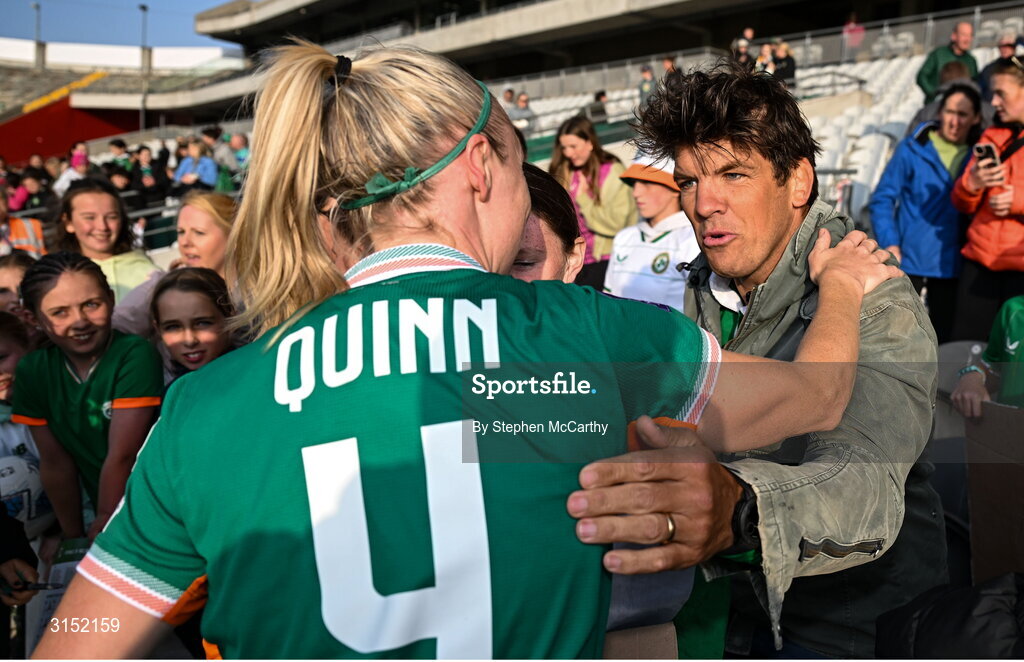 3 June 2025; Former rugby international and current broadcaster Donnacha O'Callaghan with Louise Quinn of Republic of Ireland after the UEFA Women's Nations League, League B match between Republic of Ireland and Slovenia at Páirc Uí Chaoimh in Cork. Photo by Stephen McCarthy/Sportsfile