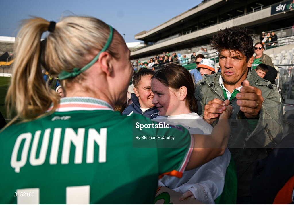 3 June 2025; Former rugby international and current broadcaster Donnacha O'Callaghan with Louise Quinn of Republic of Ireland after the UEFA Women's Nations League, League B match between Republic of Ireland and Slovenia at Páirc Uí Chaoimh in Cork. Photo by Stephen McCarthy/Sportsfile