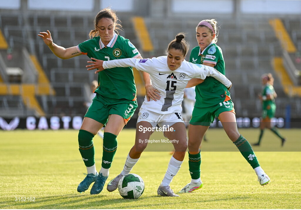3 June 2025; Sara Makovec of Slovenia in action against Megan Campbell, left, and Denise O'Sullivan of Republic of Ireland after the UEFA Women's Nations League, League B match between Republic of Ireland and Slovenia at Páirc Uí Chaoimh in Cork. Photo by Stephen McCarthy/Sportsfile