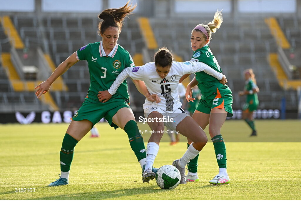 3 June 2025; Sara Makovec of Slovenia in action against Megan Campbell, left, and Denise O'Sullivan of Republic of Ireland after the UEFA Women's Nations League, League B match between Republic of Ireland and Slovenia at Páirc Uí Chaoimh in Cork. Photo by Stephen McCarthy/Sportsfile