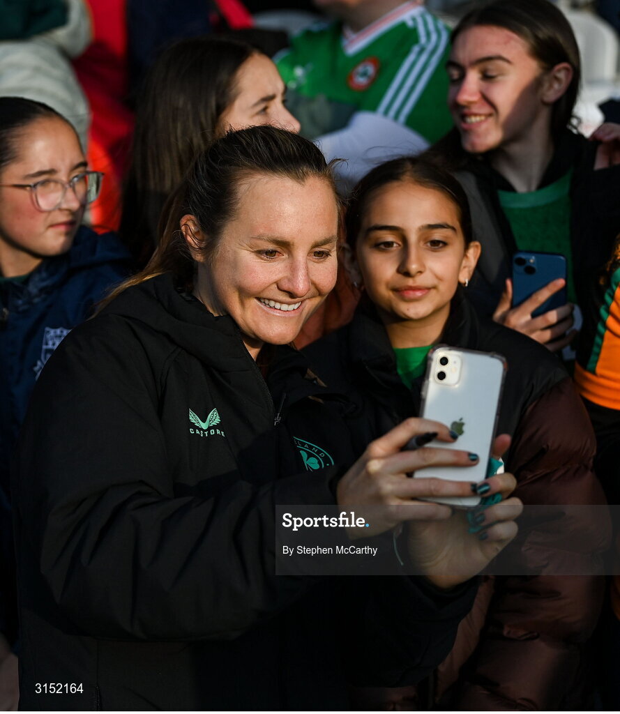 3 June 2025; Kyra Carusa of Republic of Ireland with supporters after the UEFA Women's Nations League, League B match between Republic of Ireland and Slovenia at Páirc Uí Chaoimh in Cork. Photo by Stephen McCarthy/Sportsfile