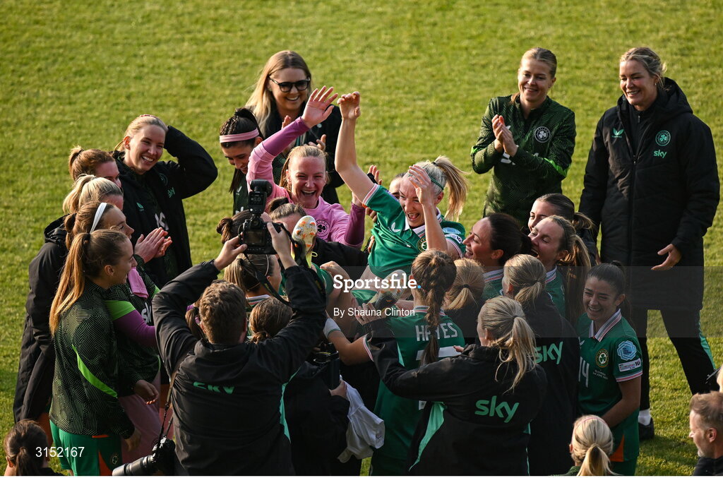3 June 2025; Louise Quinn of Republic of Ireland, on the occasion of her last international game, is lifted up by her teammates after the UEFA Women's Nations League, League B match between Republic of Ireland and Slovenia at Páirc Uí Chaoimh in Cork. Photo by Shauna Clinton/Sportsfile