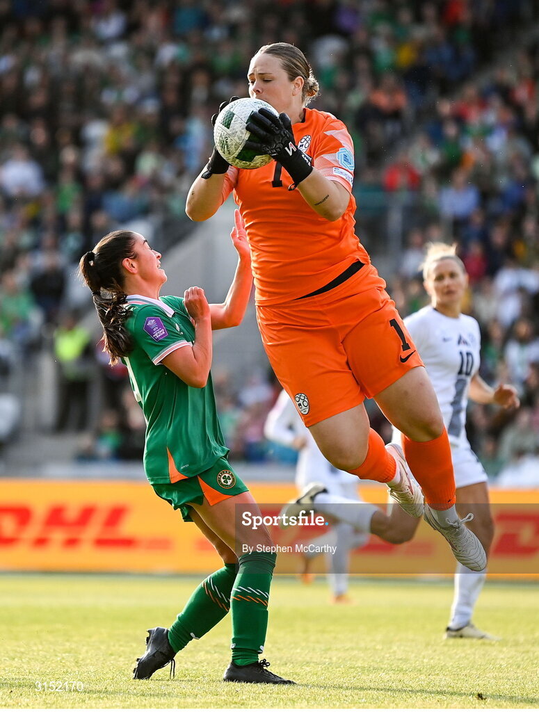 3 June 2025; Slovenia goalkeeper Zala Meršnik in action against Marissa Sheva of Republic of Ireland the UEFA Women's Nations League, League B match between Republic of Ireland and Slovenia at Páirc Uí Chaoimh in Cork. Photo by Stephen McCarthy/Sportsfile