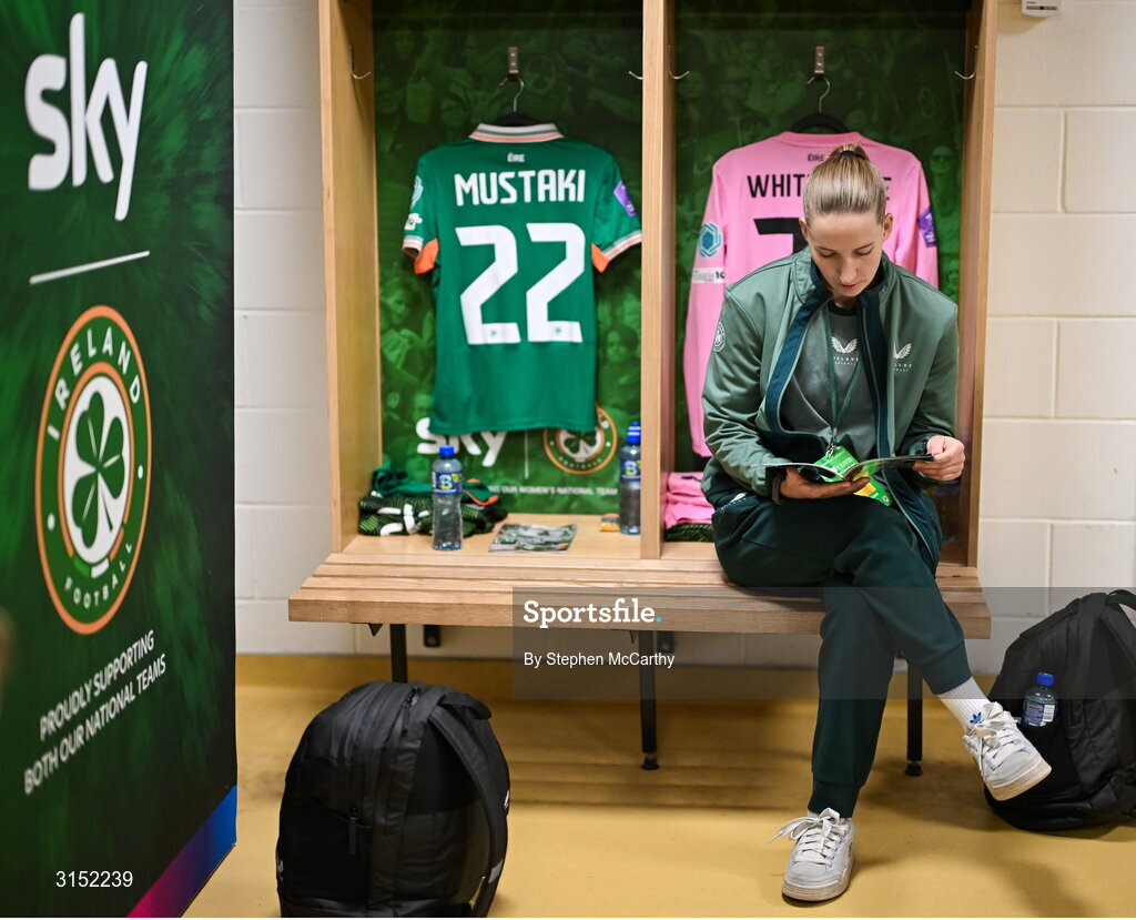 3 June 2025; Republic of Ireland goalkeeper Sophie Whitehouse in their dressing room before the UEFA Women's Nations League, League B match between Republic of Ireland and Slovenia at Páirc Uí Chaoimh in Cork. Photo by Stephen McCarthy/Sportsfile