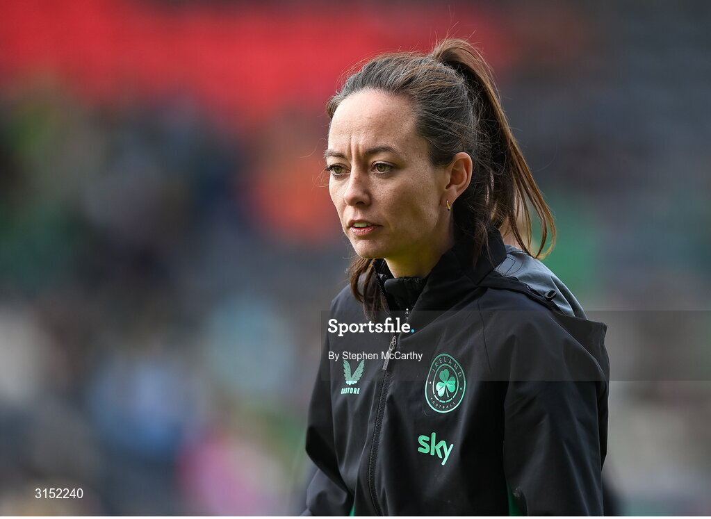 3 June 2025; Republic of Ireland assistant coach Amber Whiteley before the UEFA Women's Nations League, League B match between Republic of Ireland and Slovenia at Páirc Uí Chaoimh in Cork. Photo by Stephen McCarthy/Sportsfile