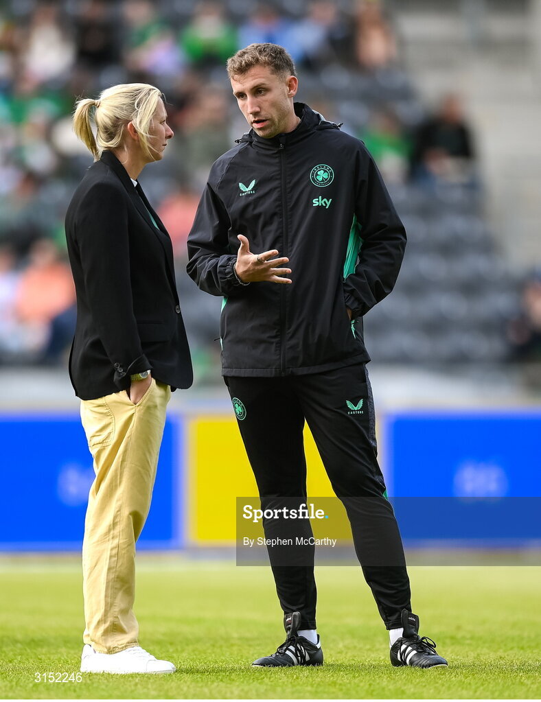 3 June 2025; Republic of Ireland performance analyst Jackson Huxley and head coach Carla Ward before the UEFA Women's Nations League, League B match between Republic of Ireland and Slovenia at Páirc Uí Chaoimh in Cork. Photo by Stephen McCarthy/Sportsfile