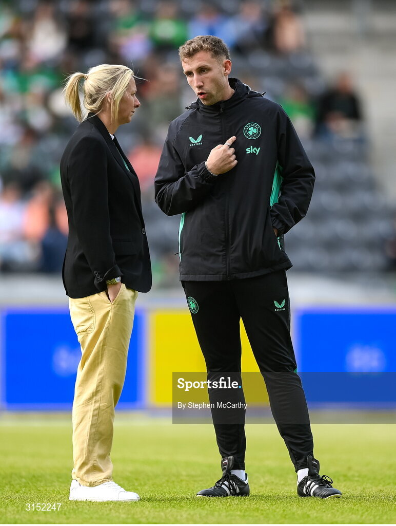 3 June 2025; Republic of Ireland performance analyst Jackson Huxley and head coach Carla Ward before the UEFA Women's Nations League, League B match between Republic of Ireland and Slovenia at Páirc Uí Chaoimh in Cork. Photo by Stephen McCarthy/Sportsfile