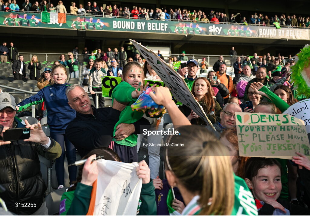 3 June 2025; A young Republic of Ireland supporter received Katie McCabe's boots after the UEFA Women's Nations League, League B match between Republic of Ireland and Slovenia at Páirc Uí Chaoimh in Cork. Photo by Stephen McCarthy/Sportsfile