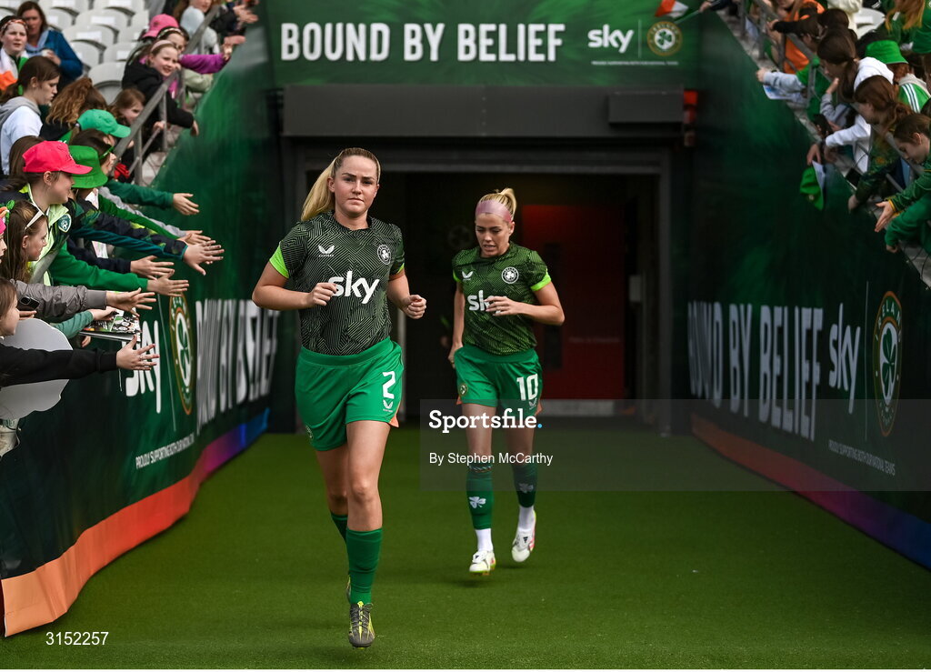3 June 2025; Jessie Stapleton, left, and Denise O’Sullivan of Republic of Ireland before the UEFA Women's Nations League, League B match between Republic of Ireland and Slovenia at Páirc Uí Chaoimh in Cork. Photo by Stephen McCarthy/Sportsfile