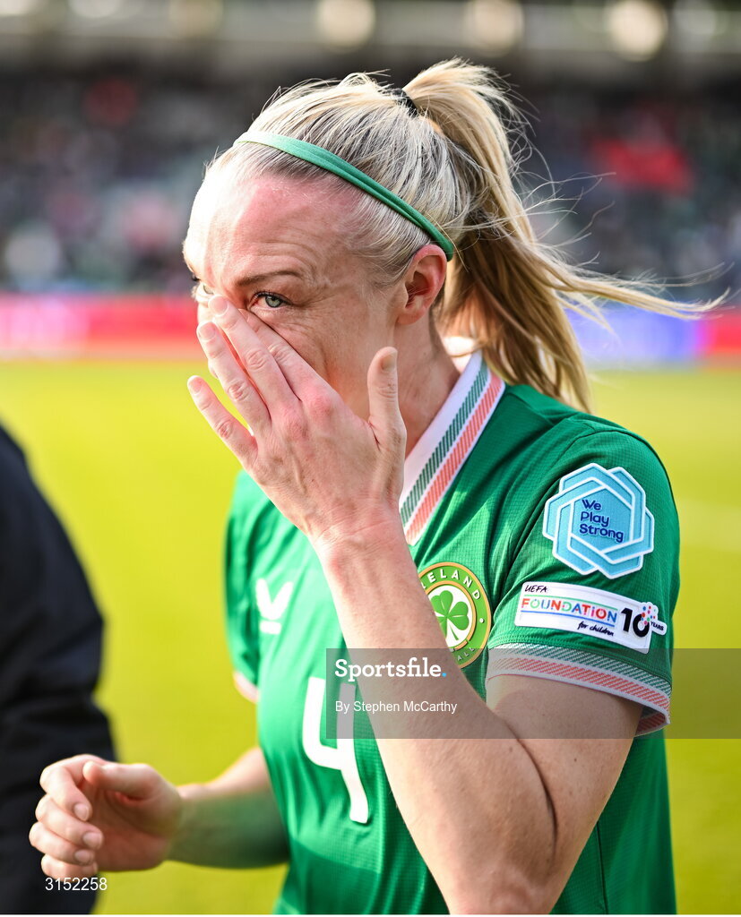 3 June 2025; An emotional Louise Quinn of Republic of Ireland, on the occastion of her last international game, after the UEFA Women's Nations League, League B match between Republic of Ireland and Slovenia at Páirc Uí Chaoimh in Cork. Photo by Stephen McCarthy/Sportsfile