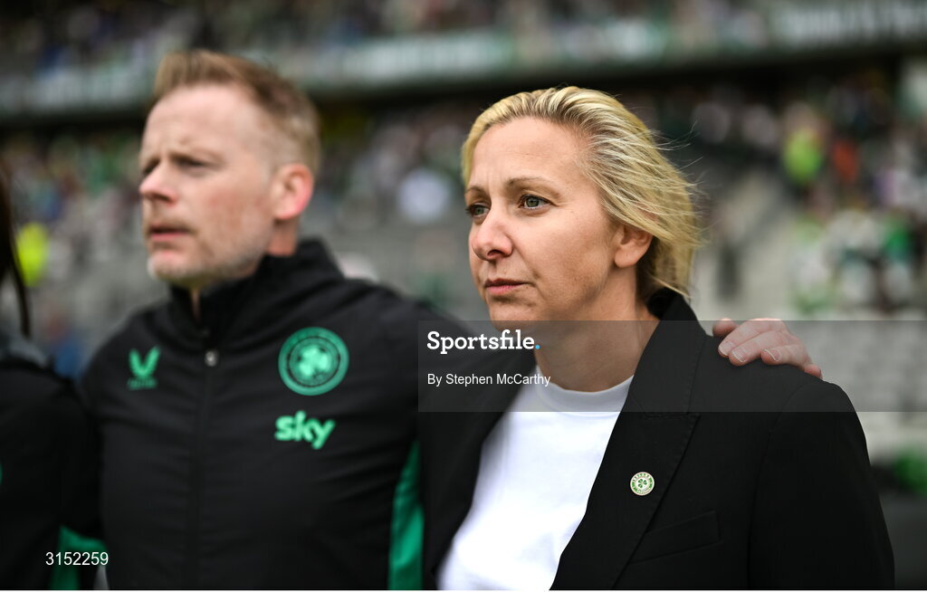 3 June 2025; Republic of Ireland head coach Carla Ward and assistant head coach Alan Mahon, left, before the UEFA Women's Nations League, League B match between Republic of Ireland and Slovenia at Páirc Uí Chaoimh in Cork. Photo by Stephen McCarthy/Sportsfile