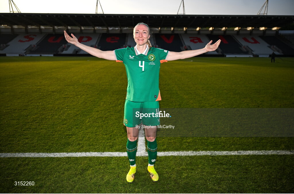 3 June 2025; Louise Quinn of Republic of Ireland, on the occasion of her last international game, after the UEFA Women's Nations League, League B match between Republic of Ireland and Slovenia at Páirc Uí Chaoimh in Cork. Photo by Stephen McCarthy/Sportsfile