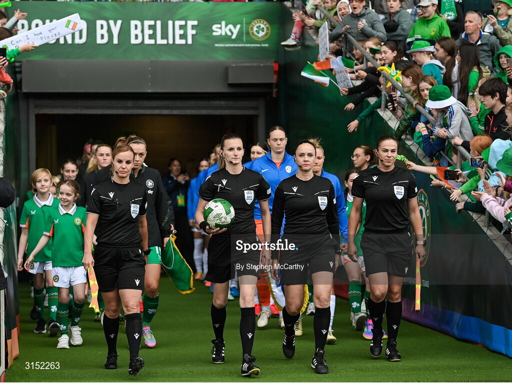 3 June 2025; Referee Miriama Bocková and her officials leads boths teams out before the UEFA Women's Nations League, League B match between Republic of Ireland and Slovenia at Páirc Uí Chaoimh in Cork. Photo by Stephen McCarthy/Sportsfile
