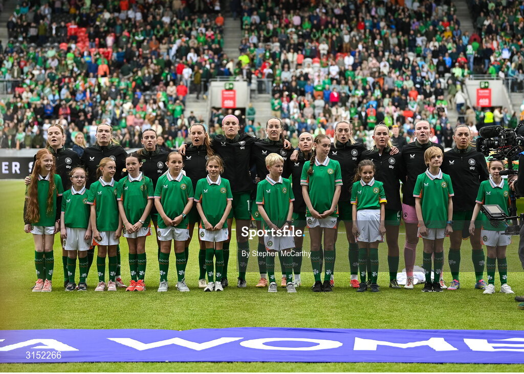 3 June 2025; Republic of Ireland players stand for the playing of the National Anthem before the UEFA Women's Nations League, League B match between Republic of Ireland and Slovenia at Páirc Uí Chaoimh in Cork. Photo by Stephen McCarthy/Sportsfile
