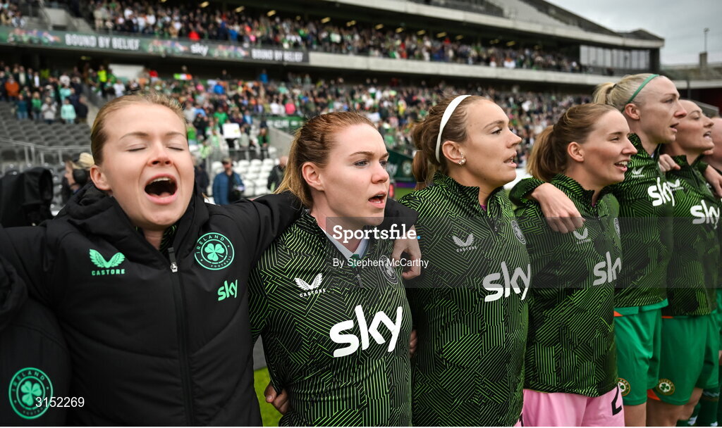 3 June 2025; Republic of Ireland players, from left, Ruesha Littlejohn, Aoife Mannion., Grace Moloney and Louise Quinn stand for the playing of the National Anthem before the UEFA Women's Nations League, League B match between Republic of Ireland and Slovenia at Páirc Uí Chaoimh in Cork. Photo by Stephen McCarthy/Sportsfile