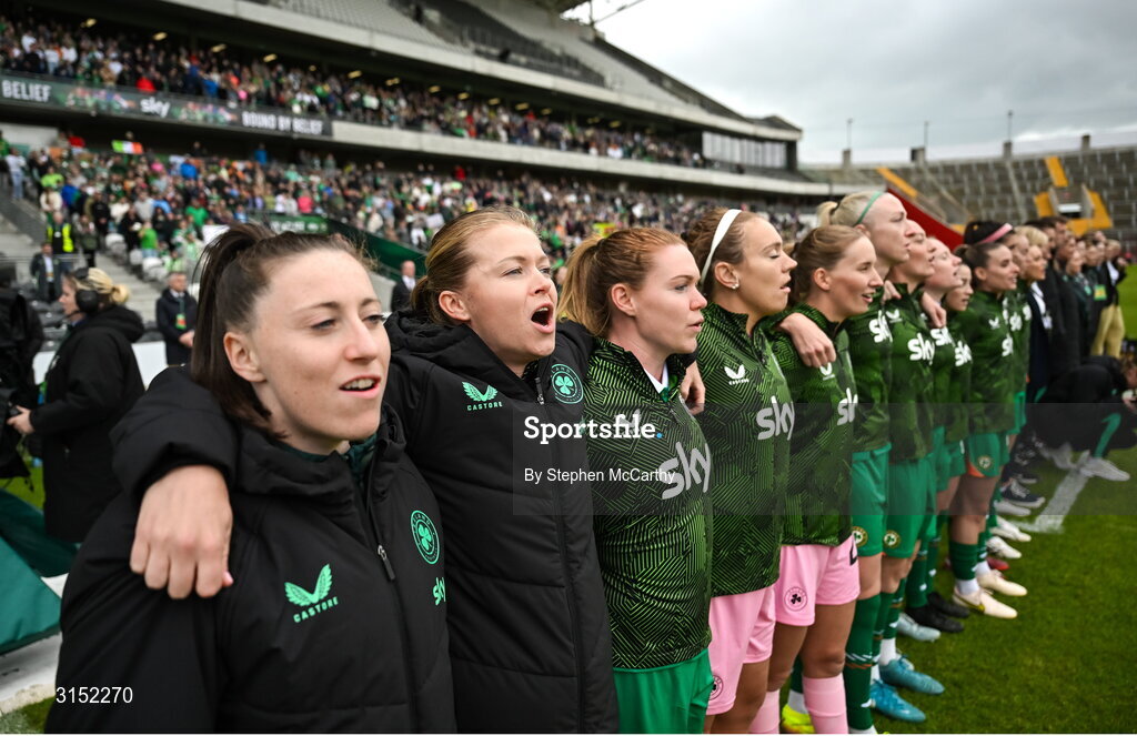 3 June 2025; Republic of Ireland players, from left, Lucy Quinn, Ruesha Littlejohn, Aoife Mannion., Grace Moloney and Louise Quinn stand for the playing of the National Anthem before the UEFA Women's Nations League, League B match between Republic of Ireland and Slovenia at Páirc Uí Chaoimh in Cork. Photo by Stephen McCarthy/Sportsfile