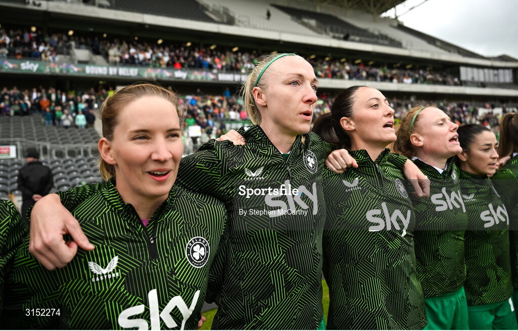 3 June 2025; Republic of Ireland players, from left, Sophie Whitehouse, Louise Quinn, Megan Campbell and Amber Barrett stand for the playing of the National Anthem before the UEFA Women's Nations League, League B match between Republic of Ireland and Slovenia at Páirc Uí Chaoimh in Cork. Photo by Stephen McCarthy/Sportsfile