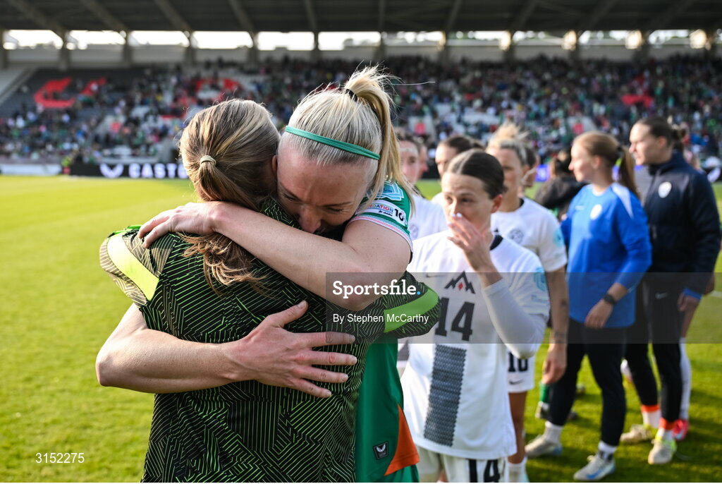3 June 2025; Louise Quinn of Republic of Ireland, right, and teammate Ruesha Littlejohn after the UEFA Women's Nations League, League B match between Republic of Ireland and Slovenia at Páirc Uí Chaoimh in Cork. Photo by Stephen McCarthy/Sportsfile