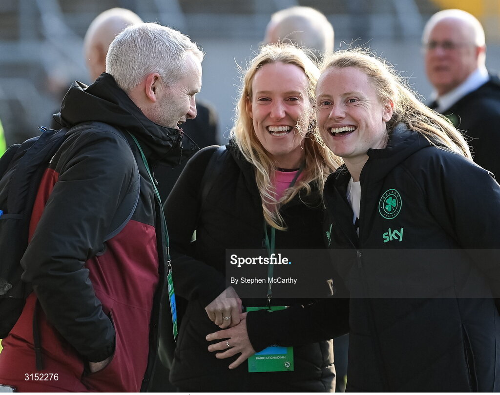 3 June 2025; Amber Barrett of Republic of Ireland with RTÉ's Des Curran and Méabh De Búrca, centre, after the UEFA Women's Nations League, League B match between Republic of Ireland and Slovenia at Páirc Uí Chaoimh in Cork. Photo by Stephen McCarthy/Sportsfile