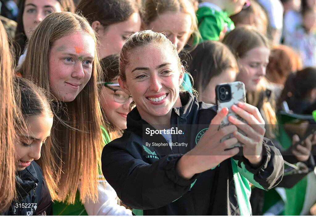 3 June 2025; Megan Connolly of Republic of Ireland with supporters after the UEFA Women's Nations League, League B match between Republic of Ireland and Slovenia at Páirc Uí Chaoimh in Cork. Photo by Stephen McCarthy/Sportsfile