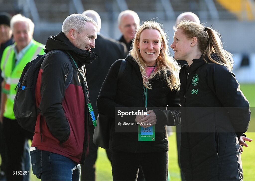 3 June 2025; Amber Barrett of Republic of Ireland with RTÉ's Des Curran and Méabh De Búrca, centre, after the UEFA Women's Nations League, League B match between Republic of Ireland and Slovenia at Páirc Uí Chaoimh in Cork. Photo by Stephen McCarthy/Sportsfile