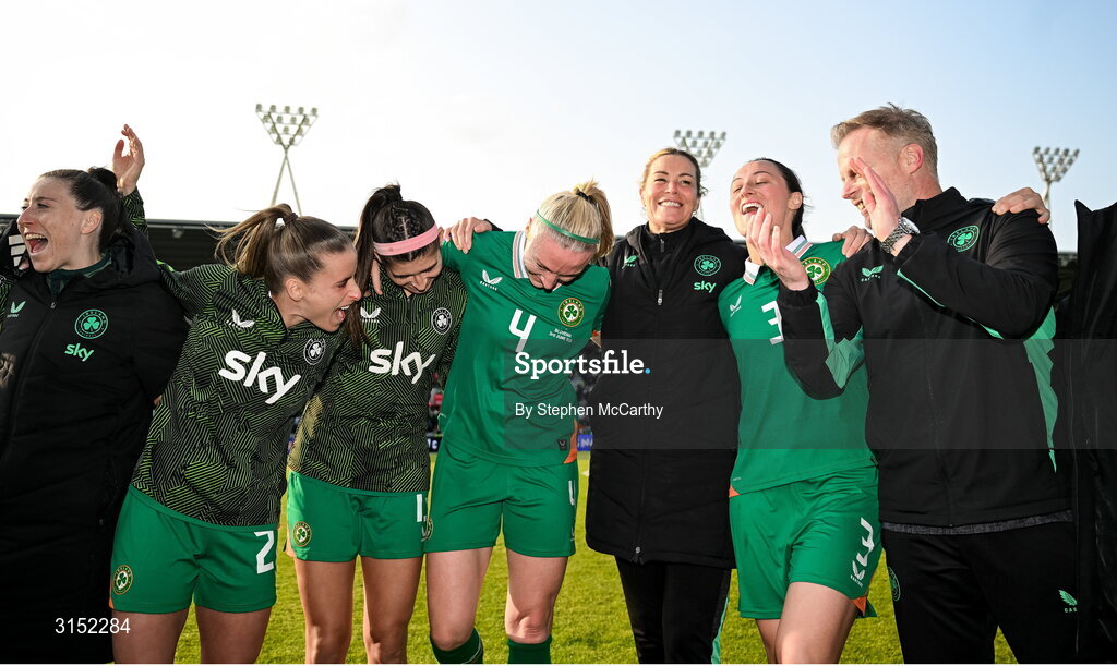 3 June 2025; Republic of Ireland players and staff, from left, Lucy Quinn, Chloe Mustaki, Erin Healy, Louise Quinn, goalkeeping coach Emma Byrne, Megan Campbell and assistant head coach Alan Mahon after the UEFA Women's Nations League, League B match between Republic of Ireland and Slovenia at Páirc Uí Chaoimh in Cork. Photo by Stephen McCarthy/Sportsfile