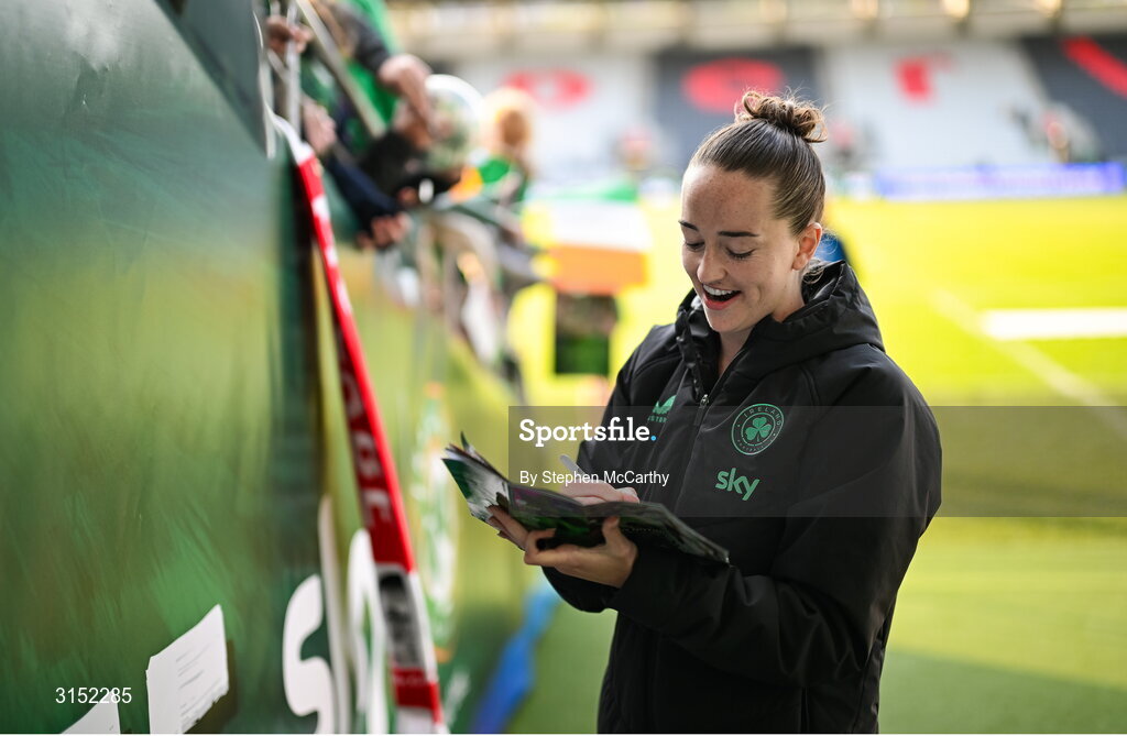 3 June 2025; Anna Patten of Republic of Ireland signs an autograph after the UEFA Women's Nations League, League B match between Republic of Ireland and Slovenia at Páirc Uí Chaoimh in Cork. Photo by Stephen McCarthy/Sportsfile