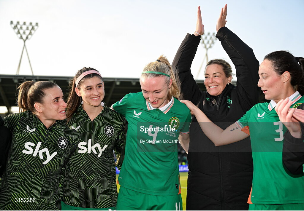 3 June 2025; Republic of Ireland players, from left, Chloe Mustaki, Erin Healy, Louise Quinn, goalkeeping coach Emma Byrne and Megan Campbell after the UEFA Women's Nations League, League B match between Republic of Ireland and Slovenia at Páirc Uí Chaoimh in Cork. Photo by Stephen McCarthy/Sportsfile