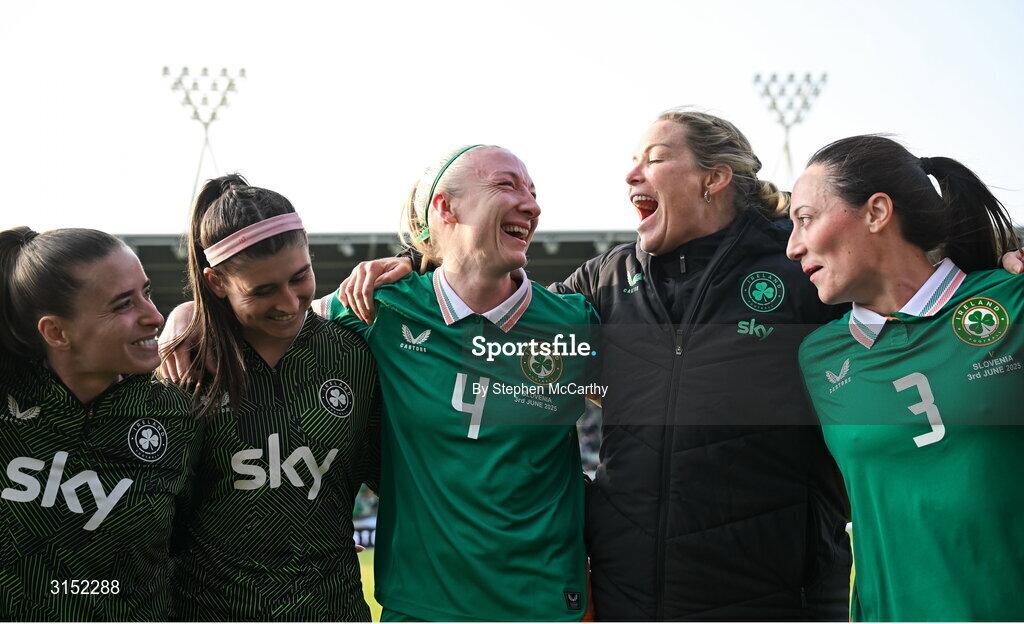 3 June 2025; Republic of Ireland players, from left, Chloe Mustaki, Erin Healy, Louise Quinn, goalkeeping coach Emma Byrne and Megan Campbell after the UEFA Women's Nations League, League B match between Republic of Ireland and Slovenia at Páirc Uí Chaoimh in Cork. Photo by Stephen McCarthy/Sportsfile