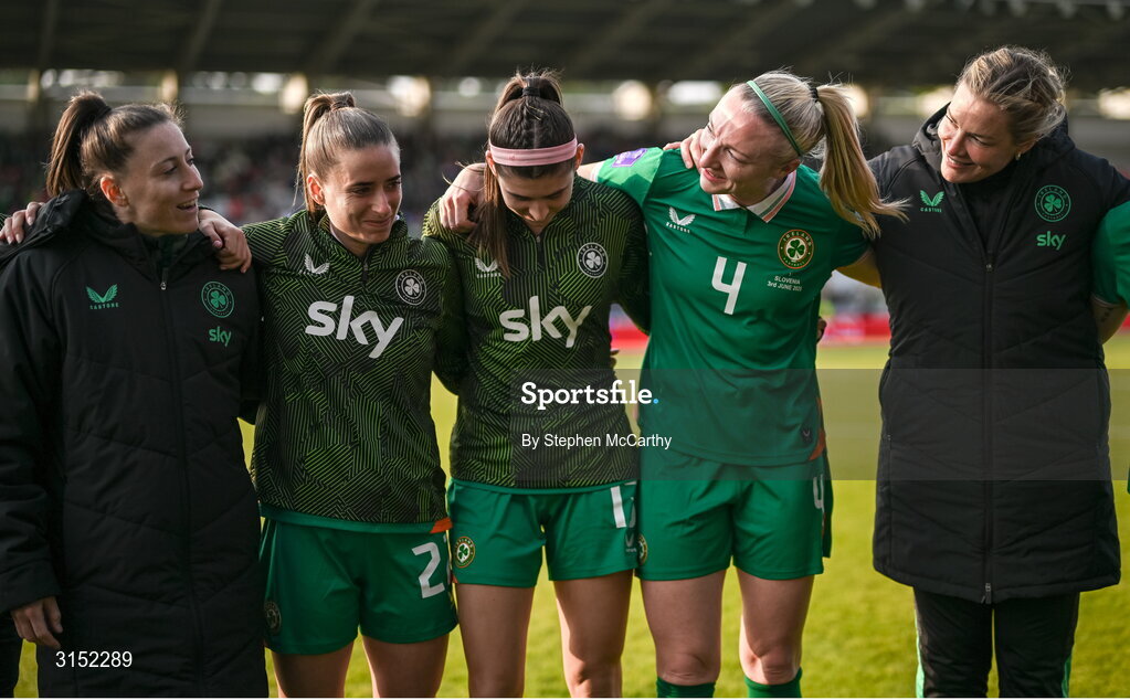 3 June 2025; Republic of Ireland players, from left, Lucy Quinn, Chloe Mustaki, Erin Healy, Louise Quinn and goalkeeping coach Emma Byrne after the UEFA Women's Nations League, League B match between Republic of Ireland and Slovenia at Páirc Uí Chaoimh in Cork. Photo by Stephen McCarthy/Sportsfile