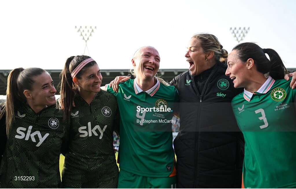 3 June 2025; Republic of Ireland players, from left, Chloe Mustaki, Erin Healy, Louise Quinn, goalkeeping coach Emma Byrne and Megan Campbell after the UEFA Women's Nations League, League B match between Republic of Ireland and Slovenia at Páirc Uí Chaoimh in Cork. Photo by Stephen McCarthy/Sportsfile
