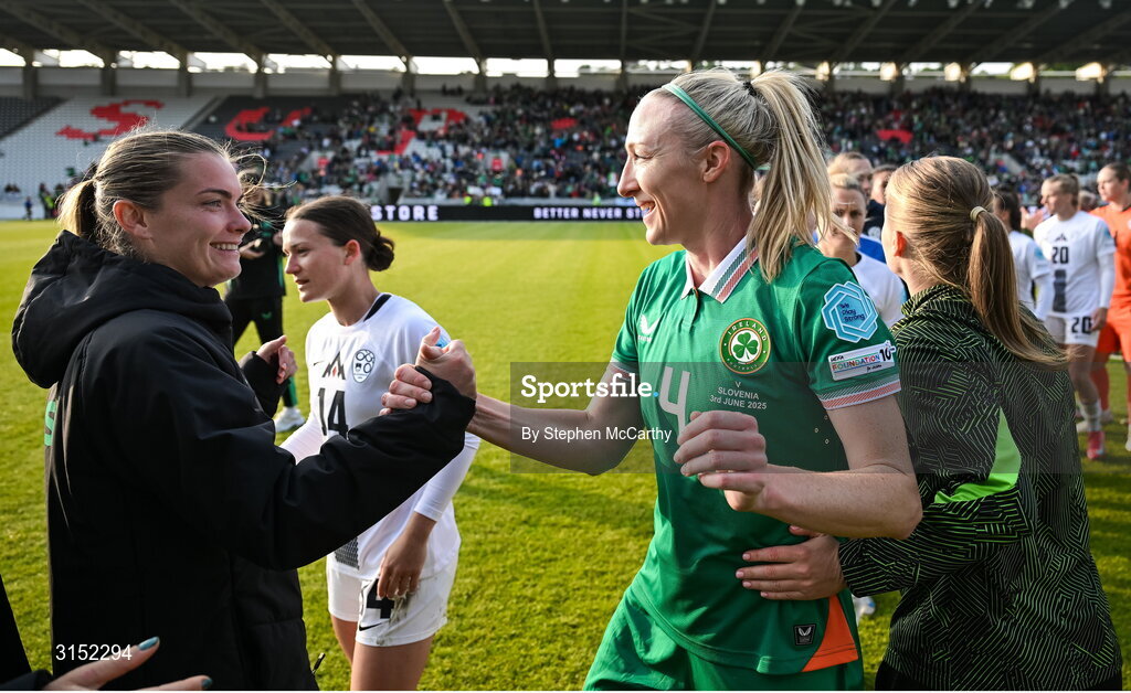 3 June 2025; Republic of Ireland's Louise Quinn and Saoirse Noonan after the UEFA Women's Nations League, League B match between Republic of Ireland and Slovenia at Páirc Uí Chaoimh in Cork. Photo by Stephen McCarthy/Sportsfile