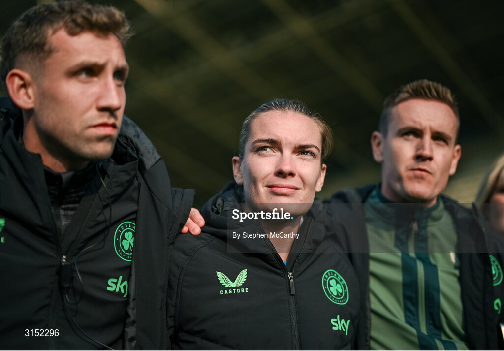 3 June 2025; Republic of Ireland's Saoirse Noonan with performance analyst Jackson Huxley, left, and STATSports analyst Ronan Molloy, right, after the UEFA Women's Nations League, League B match between Republic of Ireland and Slovenia at Páirc Uí Chaoimh in Cork. Photo by Stephen McCarthy/Sportsfile
