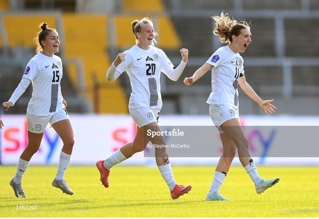 3 June 2025; Slovenia players, from right, Lara Prašnikar, Zara Kramžar and Sara Makovec celebrates after the UEFA Women's Nations League, League B match between Republic of Ireland and Slovenia at Páirc Uí Chaoimh in Cork. Photo by Stephen McCarthy/Sportsfile