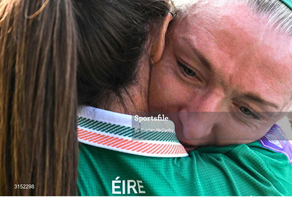 3 June 2025; Louise Quinn and Megan Campbell of Republic of Ireland after the UEFA Women's Nations League, League B match between Republic of Ireland and Slovenia at Páirc Uí Chaoimh in Cork. Photo by Stephen McCarthy/Sportsfile