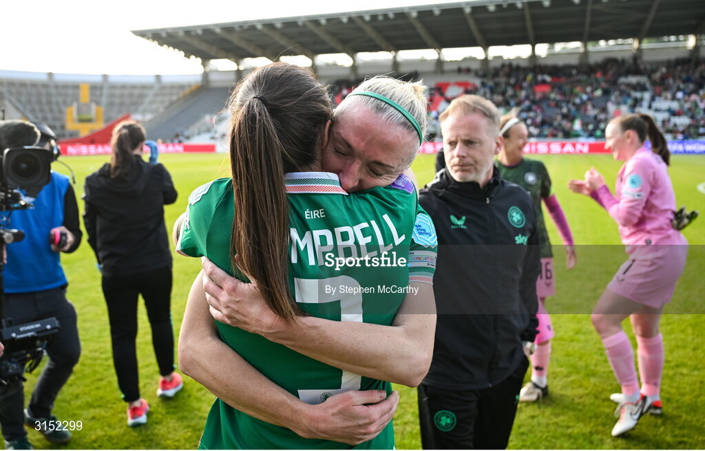 3 June 2025; Louise Quinn and Megan Campbell of Republic of Ireland after the UEFA Women's Nations League, League B match between Republic of Ireland and Slovenia at Páirc Uí Chaoimh in Cork. Photo by Stephen McCarthy/Sportsfile