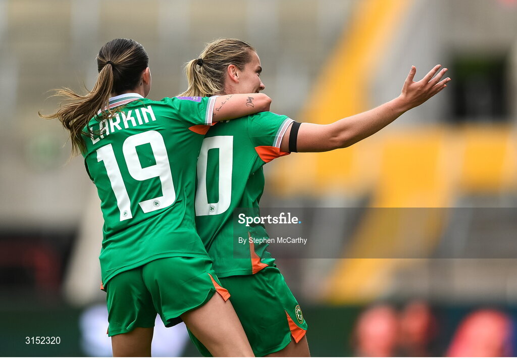 3 June 2025; Republic of Ireland's Saoirse Noonan celebrates after scoring her side's goal with team-mate Abbie Larkin during the UEFA Women's Nations League, League B match between Republic of Ireland and Slovenia at Páirc Uí Chaoimh in Cork. Photo by Stephen McCarthy/Sportsfile