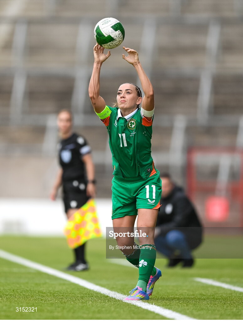 3 June 2025; Katie McCabe of Republic of Ireland takes a throw-in during the UEFA Women's Nations League, League B match between Republic of Ireland and Slovenia at Páirc Uí Chaoimh in Cork. Photo by Stephen McCarthy/Sportsfile