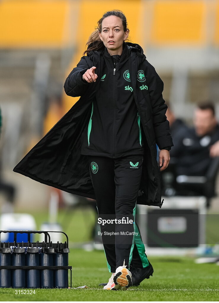 3 June 2025; Republic of Ireland assistant coach Amber Whiteley during the UEFA Women's Nations League, League B match between Republic of Ireland and Slovenia at Páirc Uí Chaoimh in Cork. Photo by Stephen McCarthy/Sportsfile