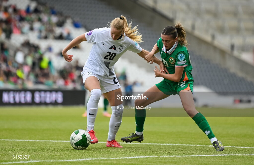 3 June 2025; Zara Kramžar of Slovenia in action against Abbie Larkin of Republic of Ireland during the UEFA Women's Nations League, League B match between Republic of Ireland and Slovenia at Páirc Uí Chaoimh in Cork. Photo by Stephen McCarthy/Sportsfile