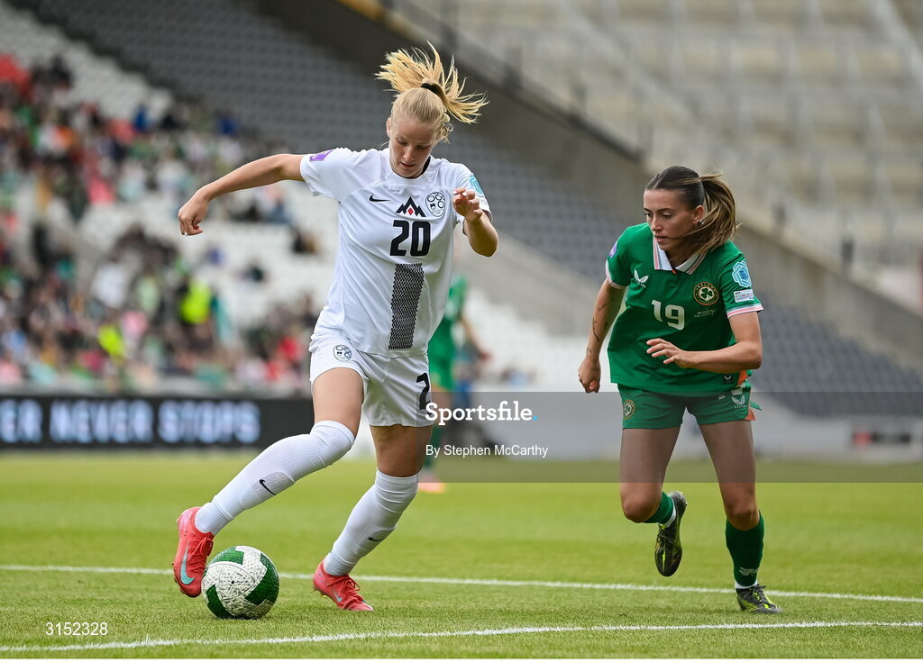 3 June 2025; Zara Kramžar of Slovenia in action against Abbie Larkin of Republic of Ireland during the UEFA Women's Nations League, League B match between Republic of Ireland and Slovenia at Páirc Uí Chaoimh in Cork. Photo by Stephen McCarthy/Sportsfile