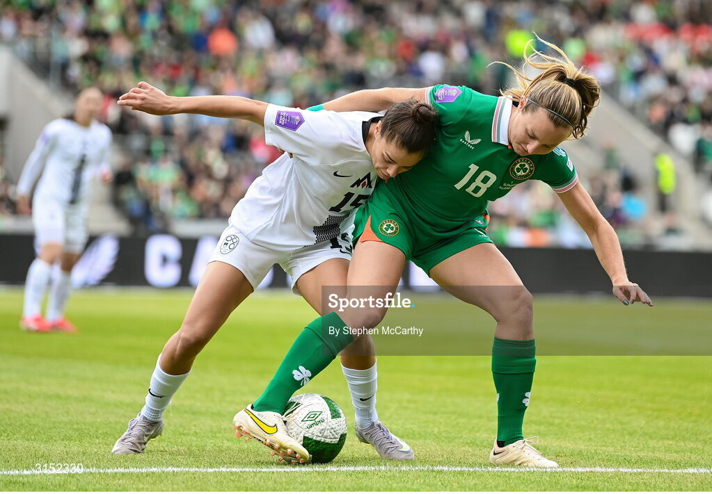 3 June 2025; Kyra Carusa of Republic of Ireland in action against Sara Makovec of Slovenia during the UEFA Women's Nations League, League B match between Republic of Ireland and Slovenia at Páirc Uí Chaoimh in Cork. Photo by Stephen McCarthy/Sportsfile