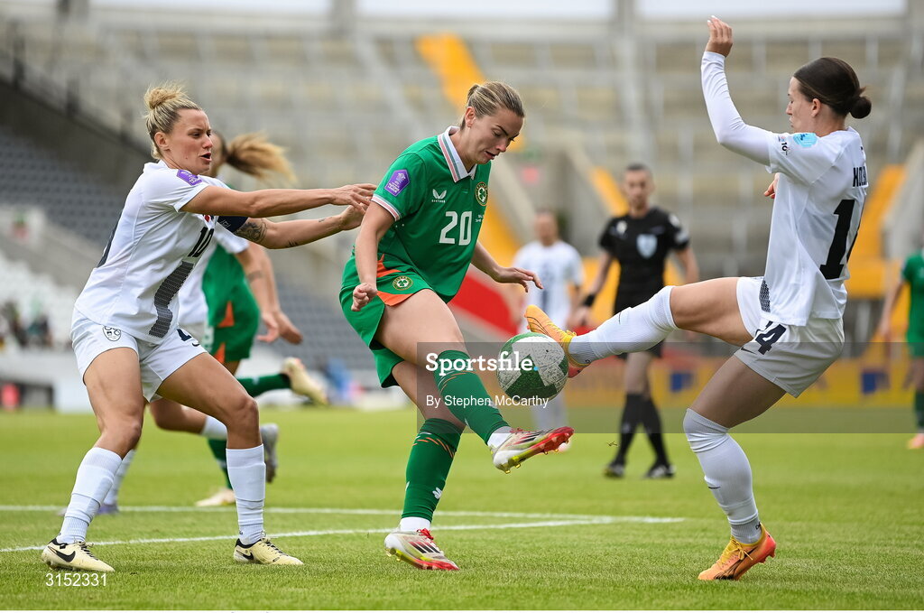 3 June 2025; Saoirse Noonan of Republic of Ireland in action against Dominika Conc, left, and Špela Kolbl of Slovenia during the UEFA Women's Nations League, League B match between Republic of Ireland and Slovenia at Páirc Uí Chaoimh in Cork. Photo by Stephen McCarthy/Sportsfile