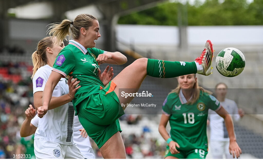 3 June 2025; Saoirse Noonan of Republic of Ireland in action against Lana Golob of Slovenia during the UEFA Women's Nations League, League B match between Republic of Ireland and Slovenia at Páirc Uí Chaoimh in Cork. Photo by Stephen McCarthy/Sportsfile