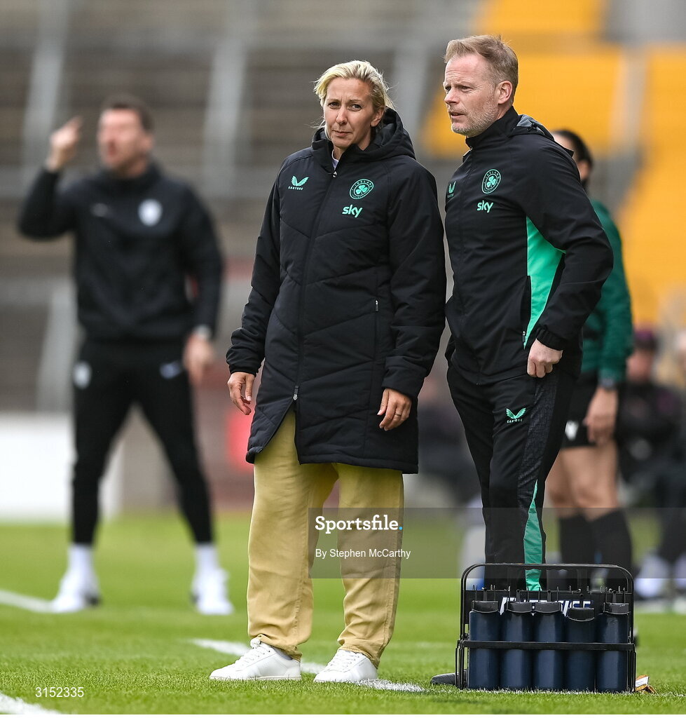 3 June 2025; Republic of Ireland head coach Carla Ward and assistant head coach Alan Mahon during the UEFA Women's Nations League, League B match between Republic of Ireland and Slovenia at Páirc Uí Chaoimh in Cork. Photo by Stephen McCarthy/Sportsfile