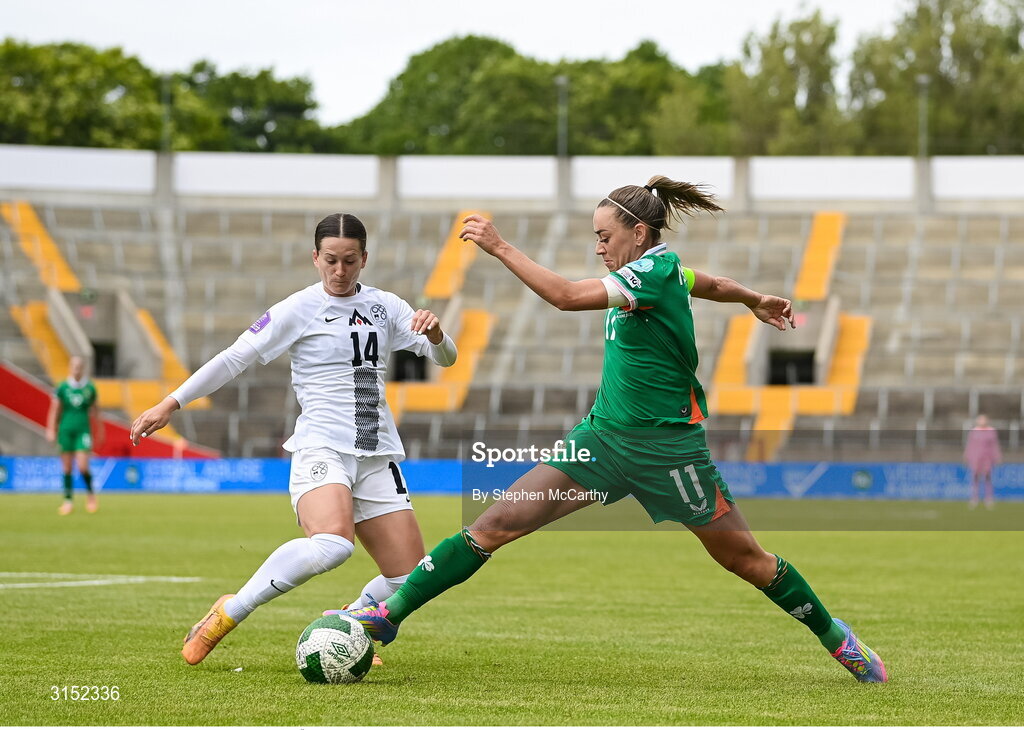 3 June 2025; Katie McCabe of Republic of Ireland in action against Špela Kolbl of Slovenia during the UEFA Women's Nations League, League B match between Republic of Ireland and Slovenia at Páirc Uí Chaoimh in Cork. Photo by Stephen McCarthy/Sportsfile