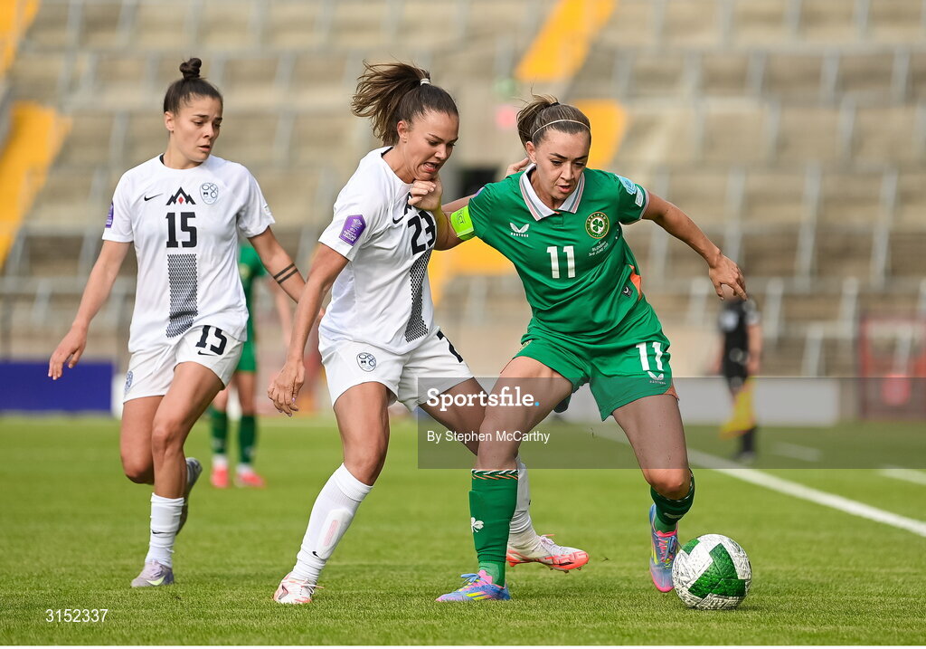 3 June 2025; Katie McCabe of Republic of Ireland in action against Maja Sternad of Slovenia during the UEFA Women's Nations League, League B match between Republic of Ireland and Slovenia at Páirc Uí Chaoimh in Cork. Photo by Stephen McCarthy/Sportsfile